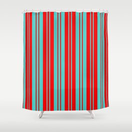 [ Thumbnail: Turquoise & Red Colored Lines Pattern Shower Curtain ]