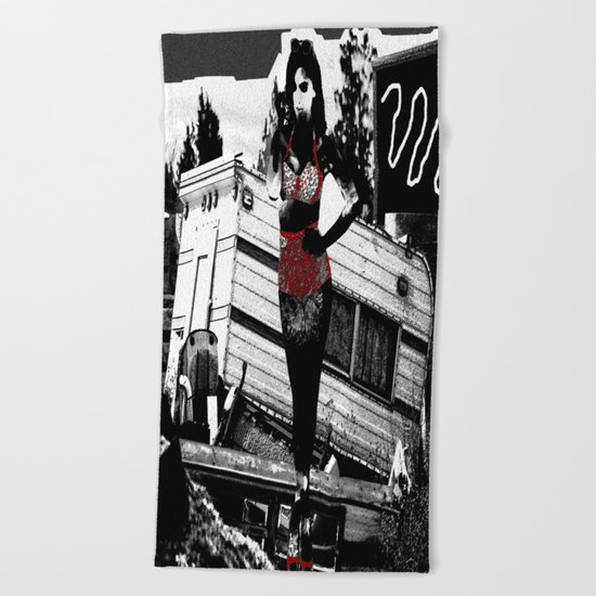 Ornamental Pinup in Black, White, and Red Beach Towel