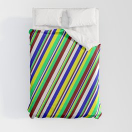 [ Thumbnail: Maroon, White, Blue, Yellow & Green Colored Striped Pattern Duvet Cover ]
