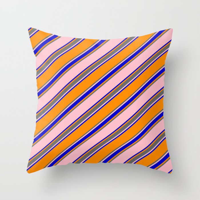 Pink, Blue, Dark Orange, and Dim Gray Colored Pattern of Stripes Throw Pillow
