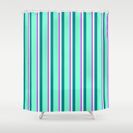 [ Thumbnail: Fuchsia, Light Cyan, Dark Cyan, and Aquamarine Colored Pattern of Stripes Shower Curtain ]