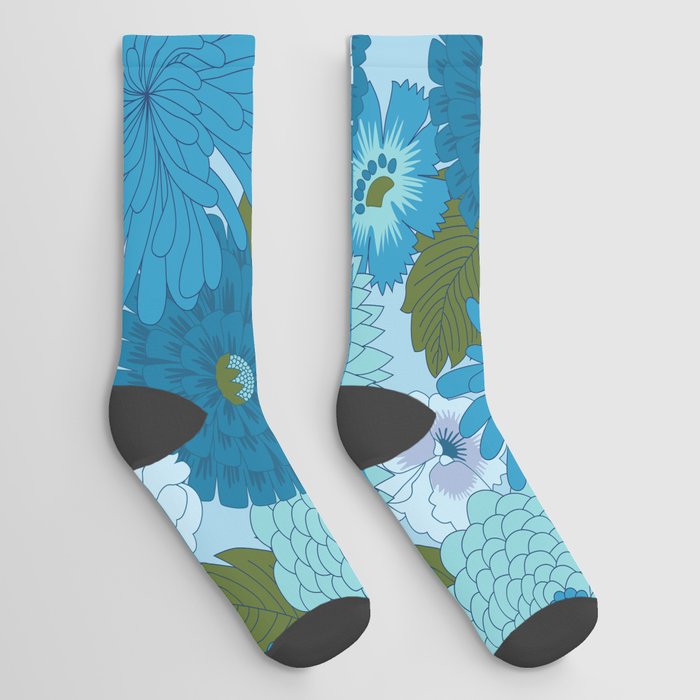 Retro Blue Floral Pattern Socks