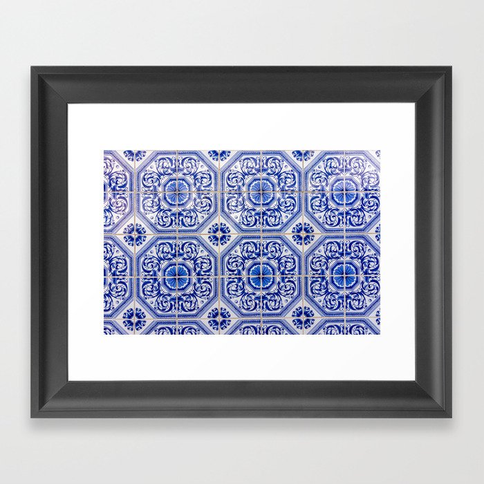 Close-up of blue and white ceramic wall tiles in Tavira, Portugal Framed Art Print