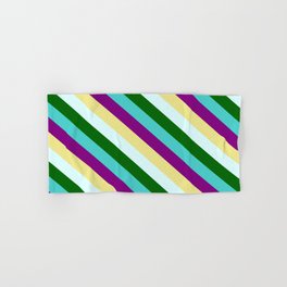 [ Thumbnail: Eye-catching Dark Green, Turquoise, Purple, Tan, and Light Cyan Colored Lines Pattern Hand & Bath Towel ]