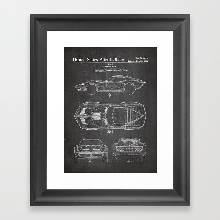 Classic Car Patent - American Car Art - Black Chalkboard Framed Art Print