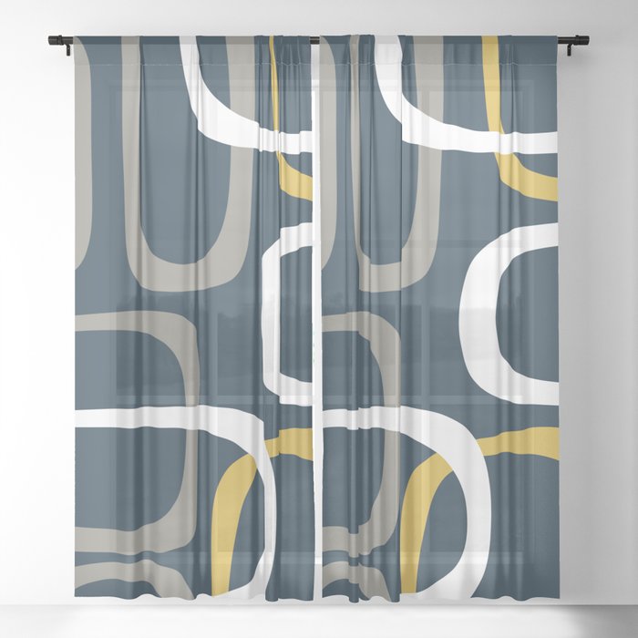 Mid Century Modern Loops Pattern in Light Mustard Yellow, Navy Blue, Gray, and White Sheer Curtain