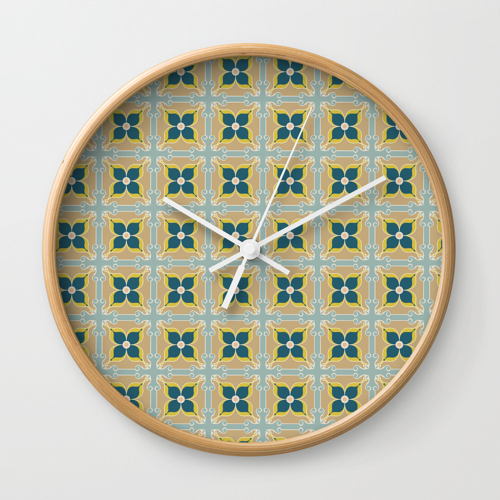 Olive Green Tiles Pattern Portuguese Patchwork Moss Rust Blue Tiles Home Decor Wall Clock By Lubo Society6