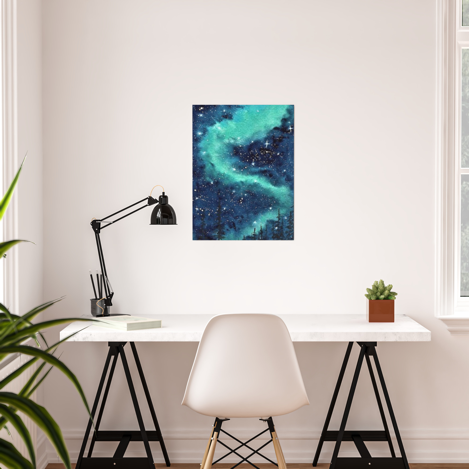 Northern Lights Galaxy Watercolor Landscape Painting Poster By