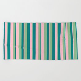 [ Thumbnail: Dark Sea Green, Pink & Teal Colored Lined/Striped Pattern Beach Towel ]