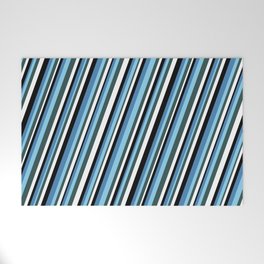 [ Thumbnail: Eyecatching Blue, Sky Blue, Dark Slate Gray, White, and Black Colored Stripes Pattern Welcome Mat ]