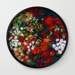 Red poppies and baby's breath bouquets still life floral blossom portrait painting for home, wall, bedroom, kitchen, and living room decor Wall Clock