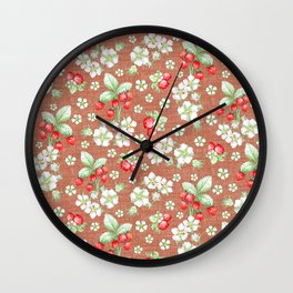Watercolor paintings of wild strawberries on terracotta background Wall Clock | Watercolorpattern, Summerplants, Watercolorpainting, Terracotta, Juicystrawberries, Summerberries, Watercolorplants, Strawberryblooms, Patternofplants, Graphicdesign 