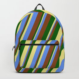 [ Thumbnail: Tan, Cornflower Blue, Brown, and Dark Green Colored Lines/Stripes Pattern Backpack ]
