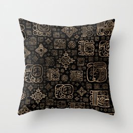 Mayan glyphs and ornaments pattern -gold on black Throw Pillow