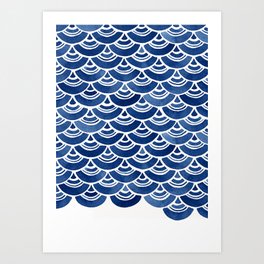 Blue and White Overlapping Fish Scale Watercolor Pattern Art Print