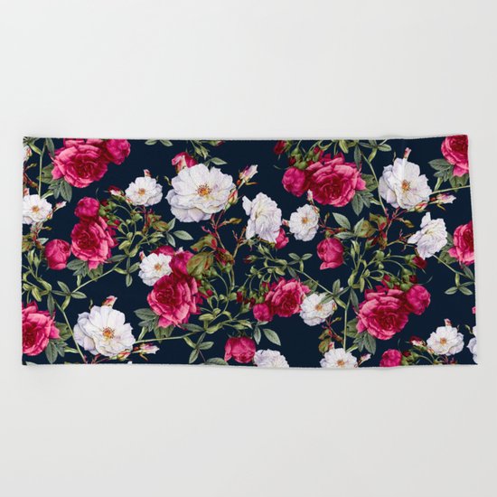 Vintage Roses on Darkblue Beach Towel