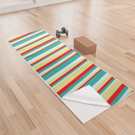 [ Thumbnail: Red, Tan, Light Cyan, and Light Sea Green Colored Lined/Striped Pattern Yoga Towel ]