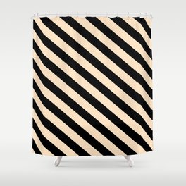 [ Thumbnail: Black & Bisque Colored Pattern of Stripes Shower Curtain ]