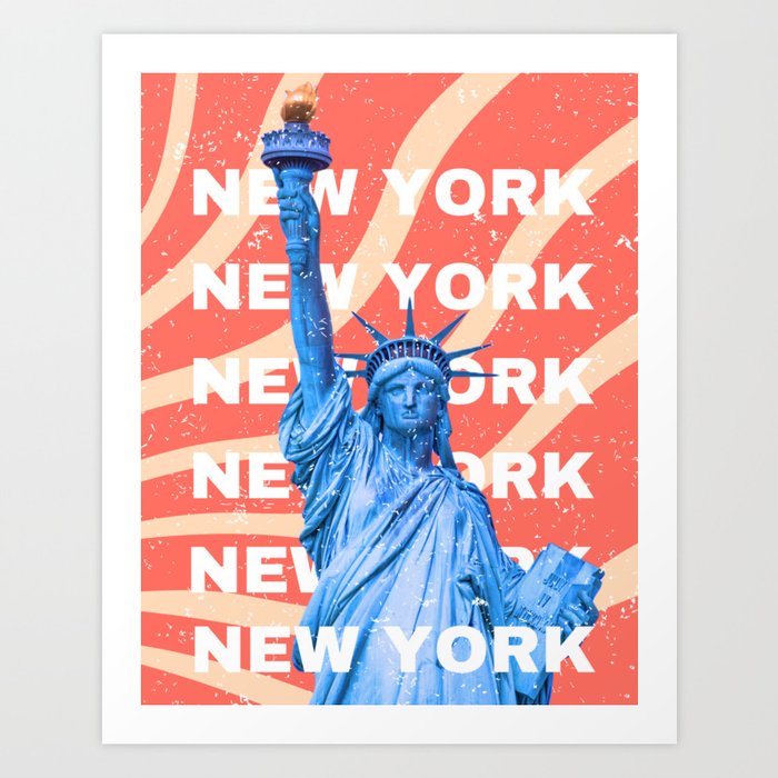 Statue of Liberty, New York, Travel Art, Retro, Orange and Blue Art Print