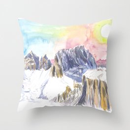 Dolomites Mountain Ridge with Winter Snow and Langkofel Sassolungo in South Tyrol, Italy Throw Pillow