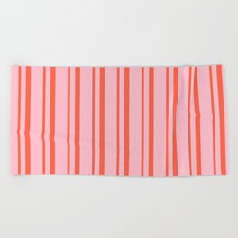 [ Thumbnail: Pink and Red Colored Pattern of Stripes Beach Towel ]
