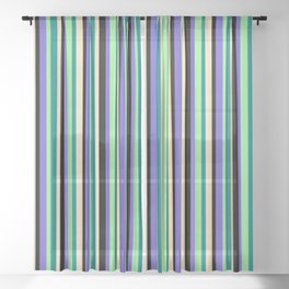 [ Thumbnail: Eye-catching Slate Blue, Black, Tan, Teal & Light Green Colored Stripes/Lines Pattern Sheer Curtain ]
