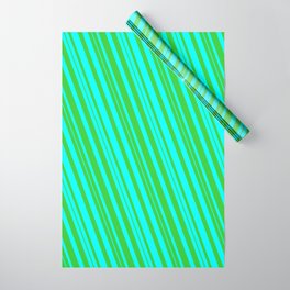 [ Thumbnail: Cyan & Lime Green Colored Lined Pattern Wrapping Paper ]