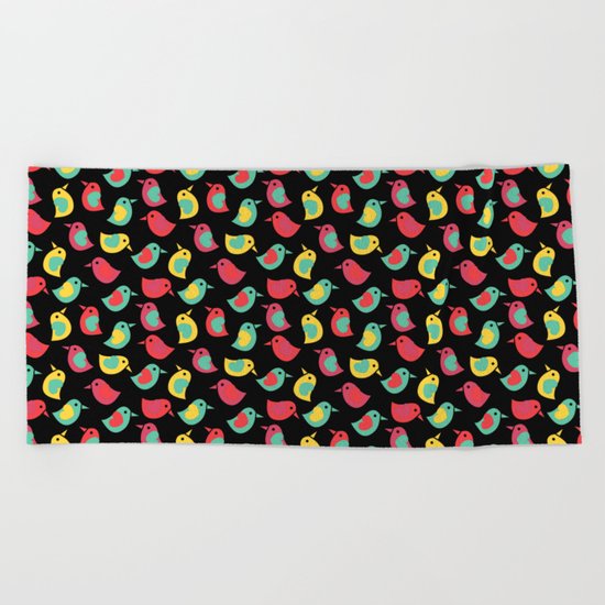 Happy Birds on Black Beach Towel