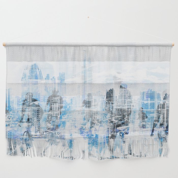 people in the city concept - abstract city skyline and people on street double exposure   Wall Hanging