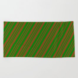 [ Thumbnail: Brown & Green Colored Stripes Pattern Beach Towel ]