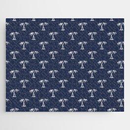 Navy Blue And White Palm Trees Pattern Jigsaw Puzzle