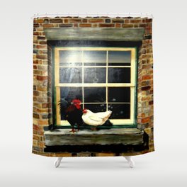 Rooster & Hen on a window Ledge Shower Curtain