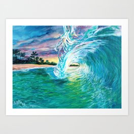 Tropical Surf Wave Curling Sunset Art Print | Surfart, Tropicalwave, Fineart, Swell, Ripcurl, Surfculture, Beachart, Beachscene, Painting, Sunsetbeach 