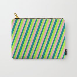 [ Thumbnail: Dark Cyan, Light Green, and Light Pink Colored Lined Pattern Carry-All Pouch ]
