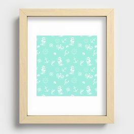 Mint Blue And White Silhouettes Of Vintage Nautical Pattern Recessed Framed Print