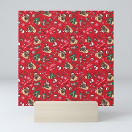 Christmas pattern with pugs Mini Art Print