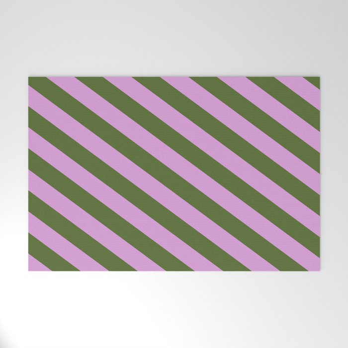 Plum & Dark Olive Green Colored Lines/Stripes Pattern Welcome Mat