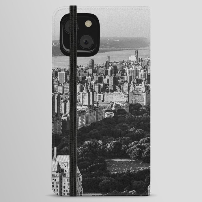 New York City Manhattan aerial view with Central Park and Upper West Side black and white iPhone Wallet Case