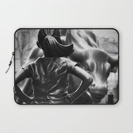 Fearless Girl facing down the Charging Bull statue of Wall Street black and white photography Laptop Sleeve