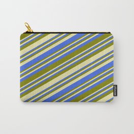 [ Thumbnail: Pale Goldenrod, Royal Blue, and Green Colored Lined Pattern Carry-All Pouch ]