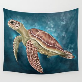 Sea Turtle Blue Bubbles Ocean Painting Art Wall Tapestry