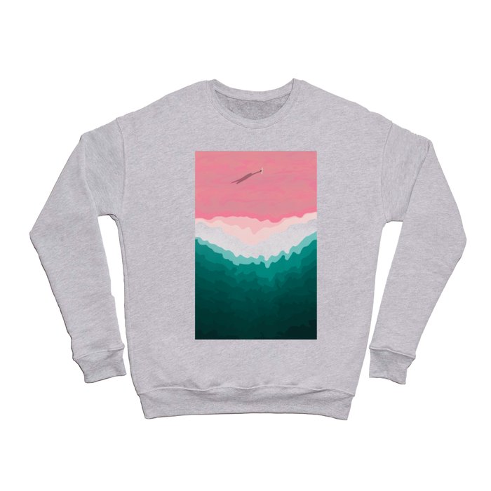 The Lone Surfer On The Pink Beach | Aerial Illustration Crewneck Sweatshirt