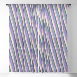 [ Thumbnail: Vibrant Sea Green, Purple, Dark Grey, Tan, and Midnight Blue Colored Pattern of Stripes Sheer Curtain ]