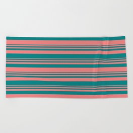 [ Thumbnail: Light Coral and Teal Colored Lined Pattern Beach Towel ]