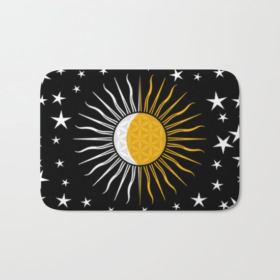 Lunar-Sol Flower Of Life Sun Moon & Stars Black White Yellow Bath Mat
