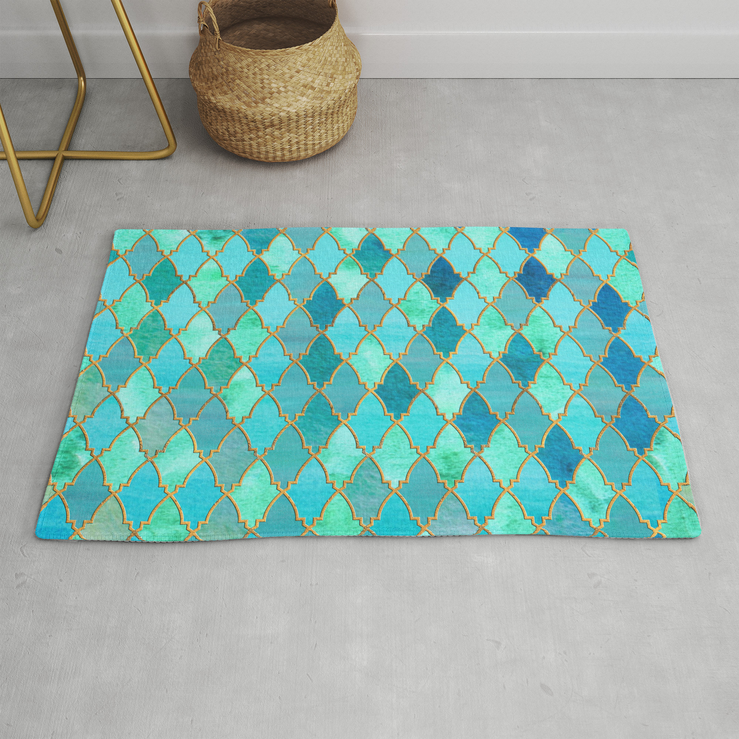 Aqua Teal Mint and Gold Oriental Moroccan Tile pattern Rug by 