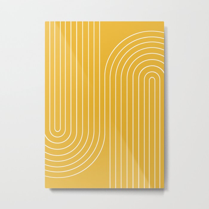 Minimal Line Curvature VIII Golden Yellow Mid Century Modern Arch Abstract Metal Print