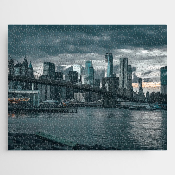 Brooklyn Bridge and Manhattan skyline at sunset in New York City Jigsaw Puzzle