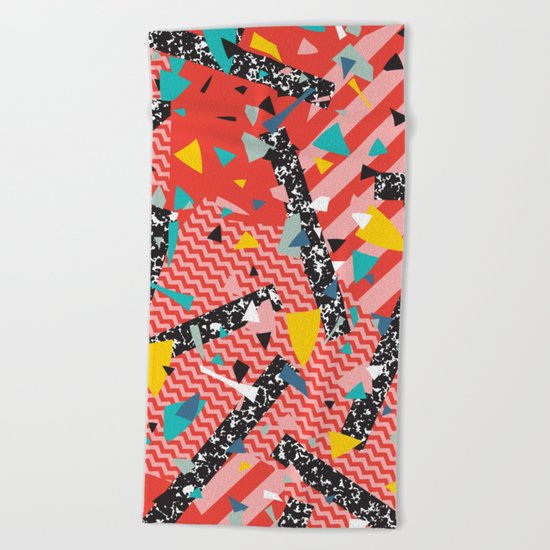 Modern Memphis Milan Inspired Primary Color Geometric Stripe Design Red Confetti 80s Party Beach Towel