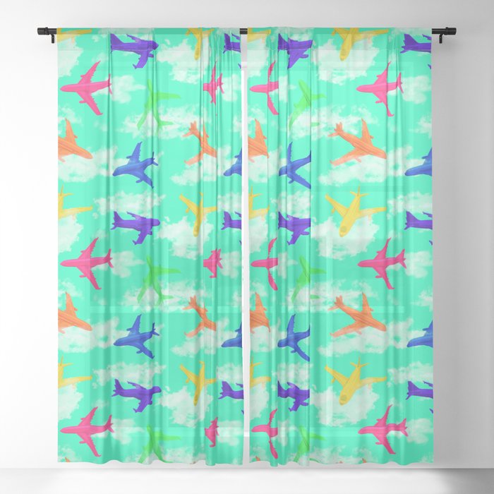 seamless pattern with multicolor airplane silhouettes Sheer Curtain